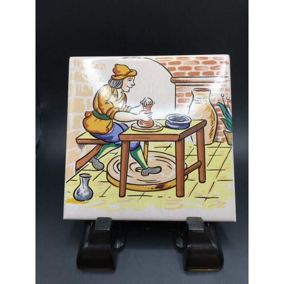 Vintage European Folk Art Tile Wall Plaque Hand Painted Home Decor 4.5''x4.5'' - Picture 1 of 11